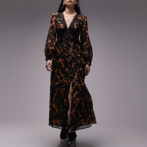 Topshop Dresses & Skirts - Top Shop Abstract Floral Elegant Black and Orange Maxi Dress